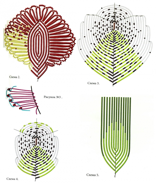 схема плетения лепестков и листьев из бисера