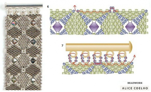 Браслет из квадратных мотивов, схемы оформления края и крепления застежки 
