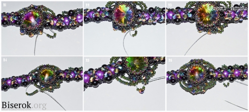 объемный браслет из бисера биконус и жемчуга, риволи оплетенная бисером, схема, мастер-класс