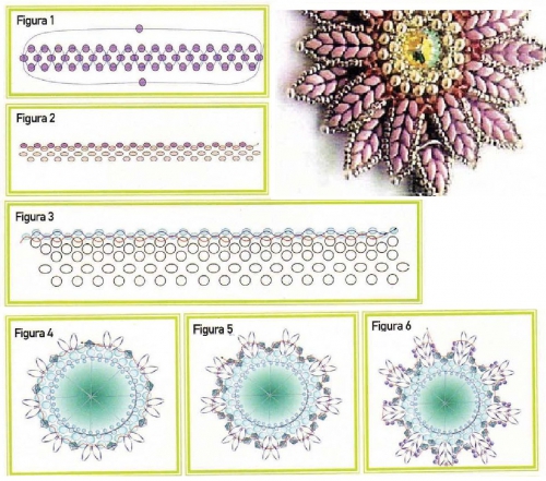 кулон, брошь, подвеска, цветок из бисера Твин с риволи , схема