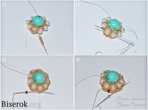 Интересное оплетение бусины, цветочные бирюзовые серьги, схема, мастер-класс