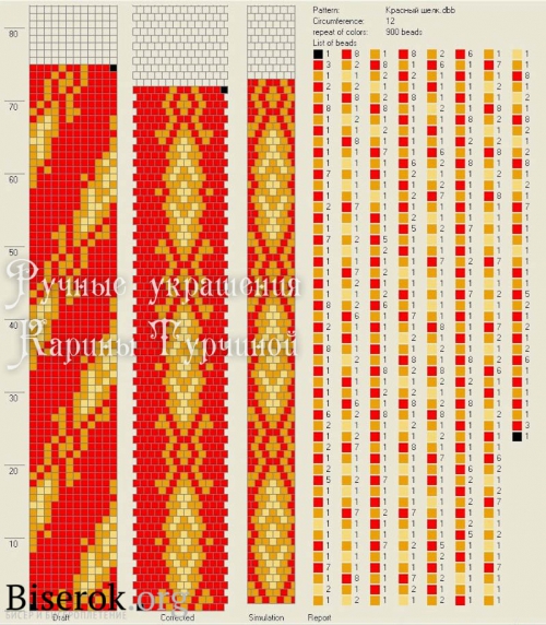 схема узорного жгута на 12 бисерин, красный шелк